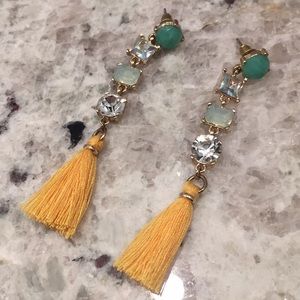 Green crystal and yellow fringe earrings